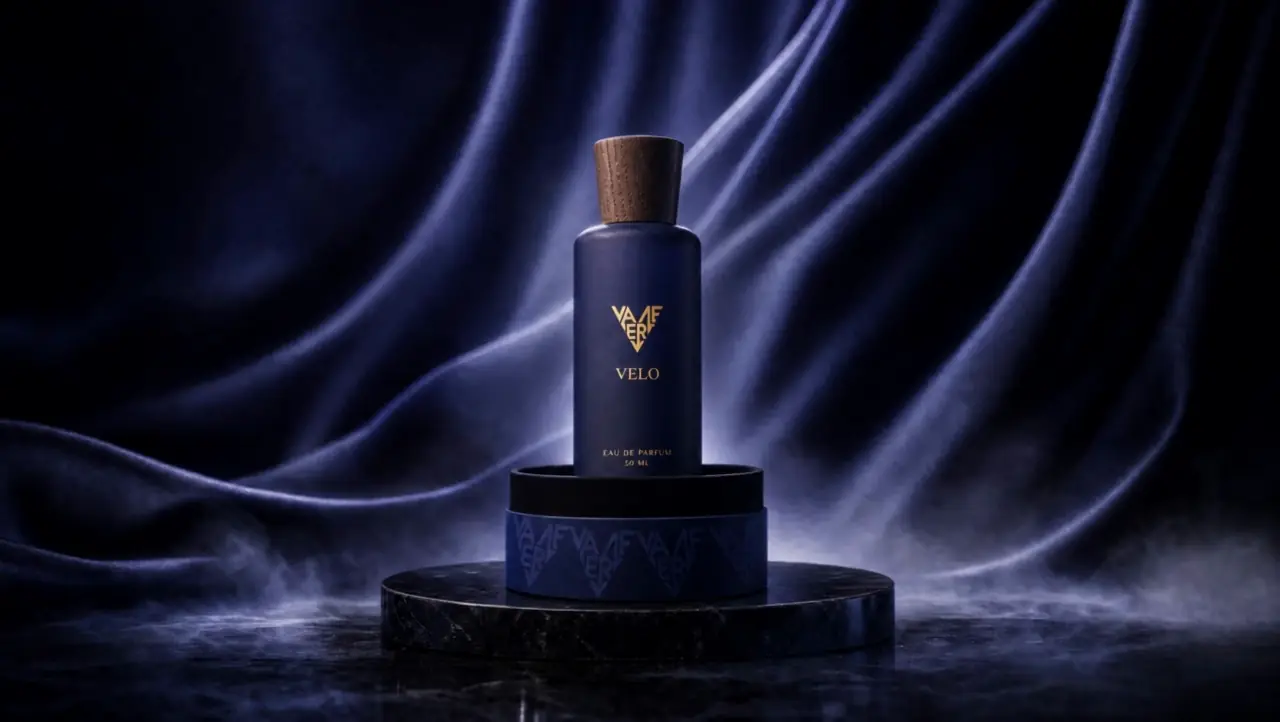 VALERIE's VELO bottle on navy silk, from the homepage film